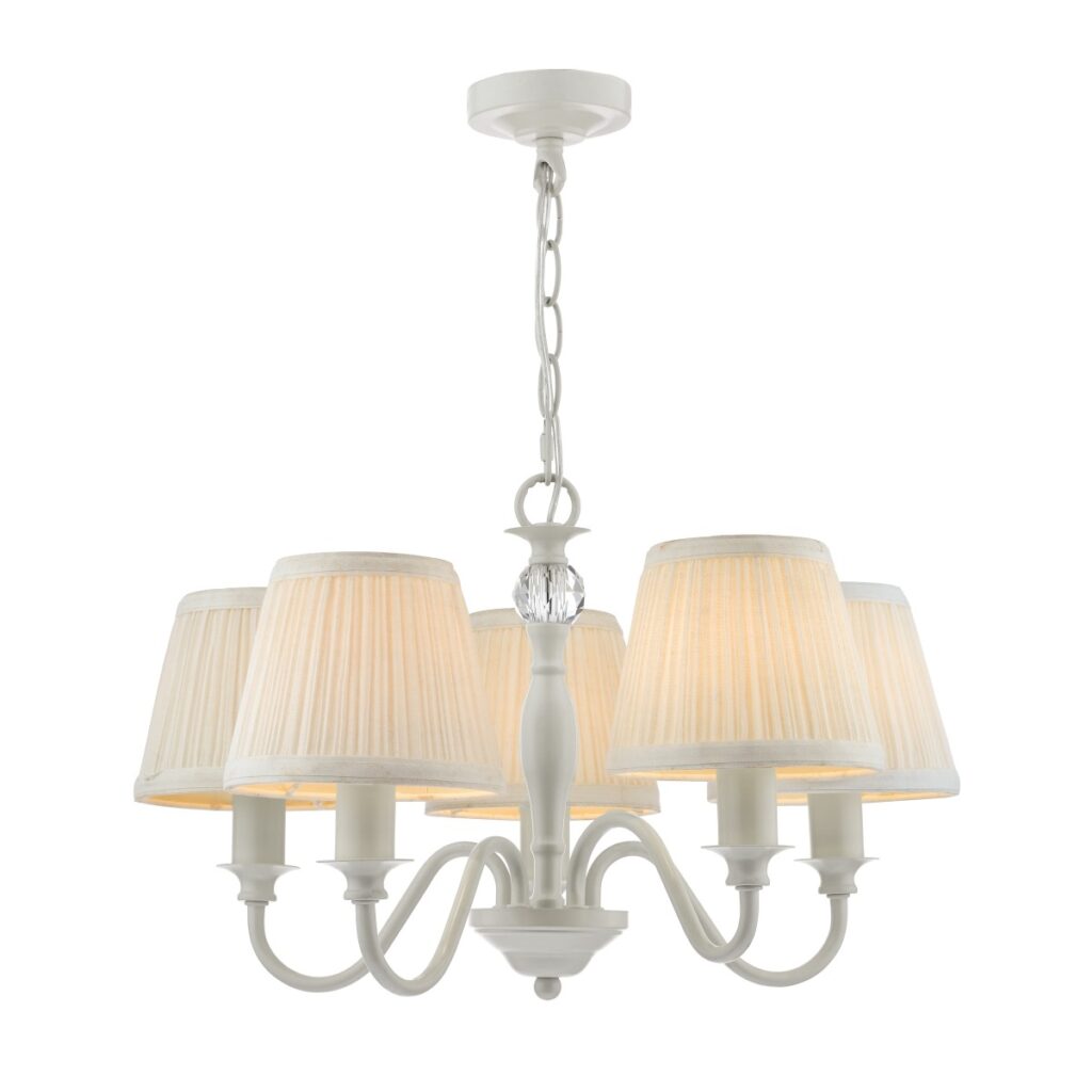 Laura Ashley Ellis 5 Light Ceiling Pendant In Satin Grey with Cotton Shades CeilingLights.co.uk