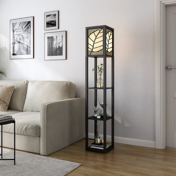 Modern Floor Lamp with Linen Shade Wood Leaf Patterned 3 Layers Towered