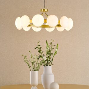 Dar Lighting Tauri 12 Light Ceiling Pendant In Matt Gold With Opal Glass Shades