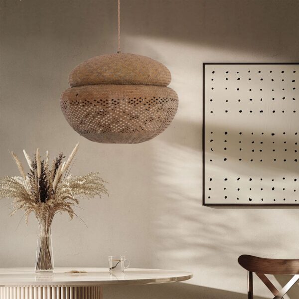 Lightsin Handwoven Natural Bulrush Pendant Ceiling Light with Pot Lid-Inspired Design