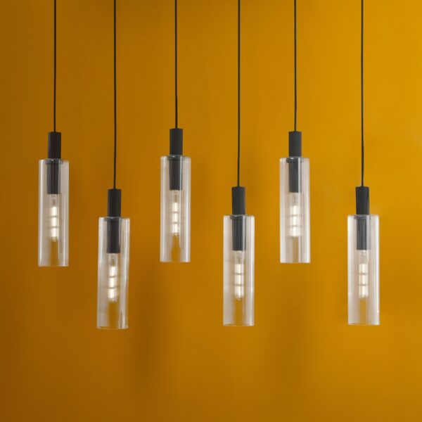 Dar Lighting Ruben 6 Light Ceiling Bar Pendant Light In Satin Black With Ribbed Glass RUB0622