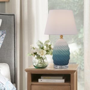 Lightsin 3D Blue Green White Gradient Threaded Ceramic Table Lamp with Fabric Shade
