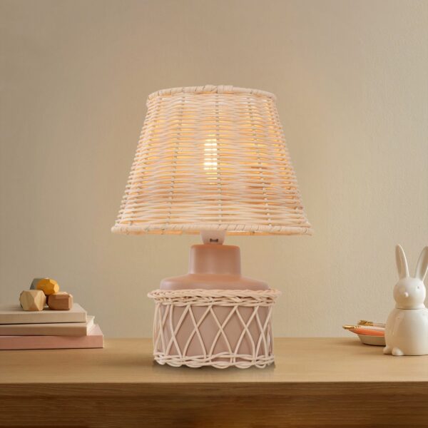 Lightsin Natural Rattan Table Lamp with Pink Wood Base for Bedroom and Living Room