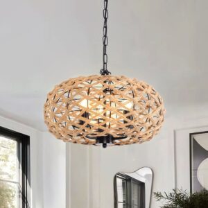 Lightsin Rustic Hemp Rope Globe Pendant Light - Eco-Friendly Ceiling Light with E27 Bulb for Living Room, Dining, and Rustic Interiors