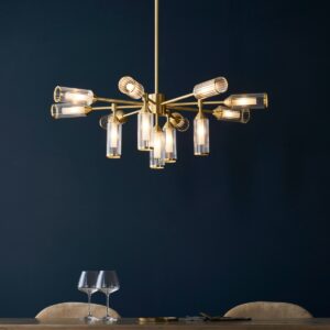 Pillar 13 Light Ceiling Pendant Light In Satin Brass With Clear And Frosted Glass