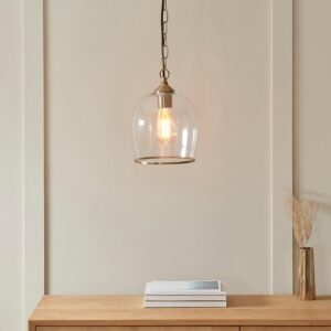 Aiken Clear Glass Pendant Ceiling Light In Brushed Aged Brass