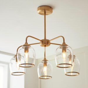 Aiken Glass Semi Flush Pendent Ceiling Light In Brushed Aged Brass