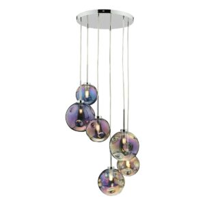 Dar Lighting Mira 6 Light Cluster Ceiling Pendant Light In Polished Chrome With Iridised Glass