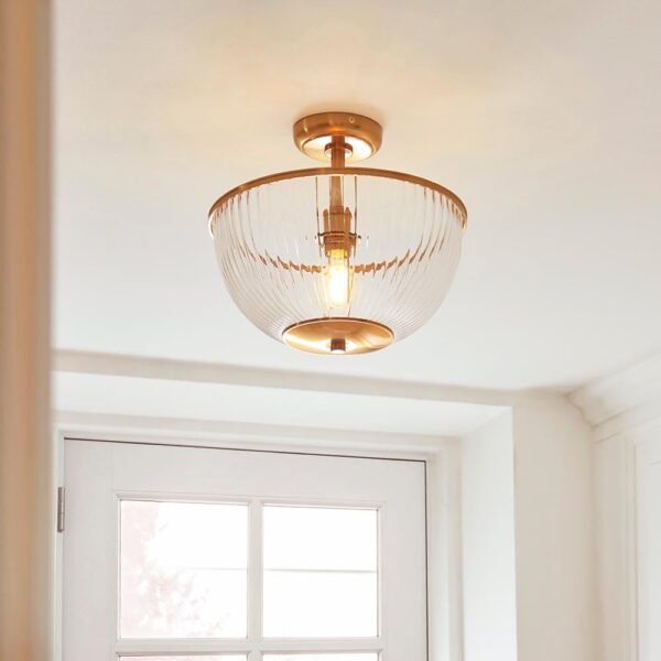 Salem Ribbed Glass Downlighter Flush Ceiling Light In Vintage Brass