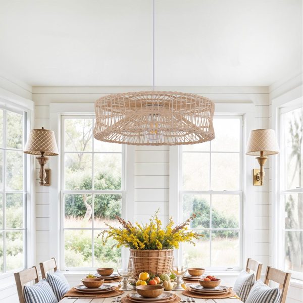 Lightsin Shallow Rattan Pendant Light for Kitchen Island Dining Area or Reading Corner