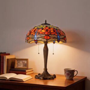 Lightsin Tiffany Table Lamp | Handcrafted Stained Glass Dragonfly Series Blue Dragonfly