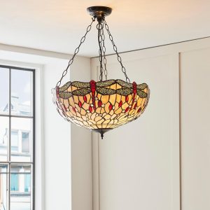 Dearborn Tiffany Glass Pendant Ceiling Light In Satin Black