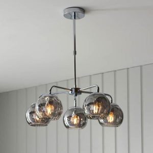 Endon 97972 Dimple 5 Light Ceiling Pendant Light In Chrome Finish With Smoked Glass Shades