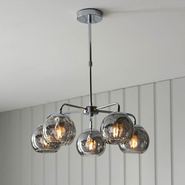 Endon 97972 Dimple 5 Light Ceiling Pendant Light In Chrome Finish With Smoked Glass Shades