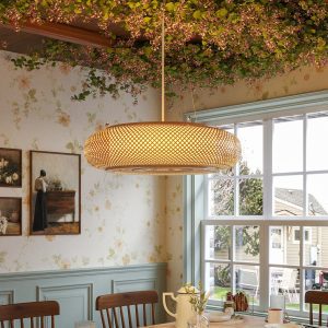 Lightsin Lutta-Japanese-Style Bamboo Rattan Pendant & Ceiling Light - Flat Flush Mount or Hanging Fixture for Bedroom, Living Room & More