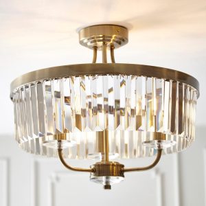 Allston Faceted Glass Semi Flush Ceiling Light In Antique Brass
