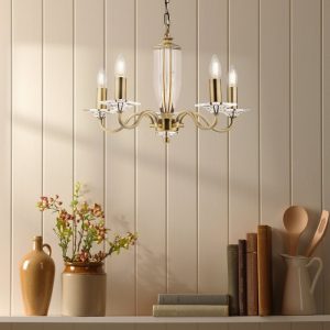 Laura Ashley Carson Cut Glass 5 Light Chandelier In Antique Brass Finish