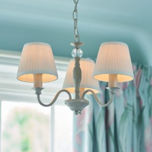 Laura Ashley Ellis Satin Cream Spindle 3 Light Chandelier with Ivory Shades