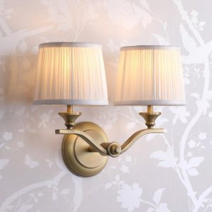 Laura Ashley Hemsley 2 Light Wall Light In Matt Antique Brass With Ivory Shades