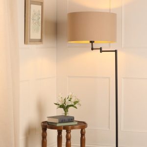 Laura Ashley Marlowe Floor Lamp In Matt Black With Natural Linen Shade