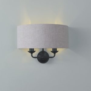 Laura Ashley Sorrento 2 Light Wall Light In Matt Black With Natural Linen Shade