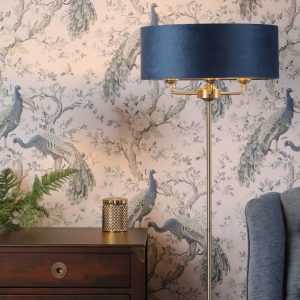 Laura Ashley Sorrento 3 Light Floor Lamp In Antique Brass Finish With Blue Velvet Shade LA3756235-Q