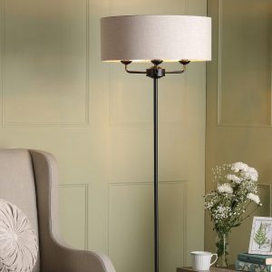 Laura Ashley Sorrento 3 Light Floor Lamp In Matt Black With Natural Shade LA3756361-Q