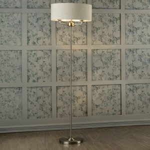 Laura Ashley Sorrento 3 Light Floor Lamp in Satin Nickel with Natural Shade