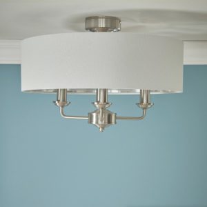 Laura Ashley Sorrento 3 Light Semi Flush Ceiling Light In Satin Nickel With Natural Shade LA3756393-Q