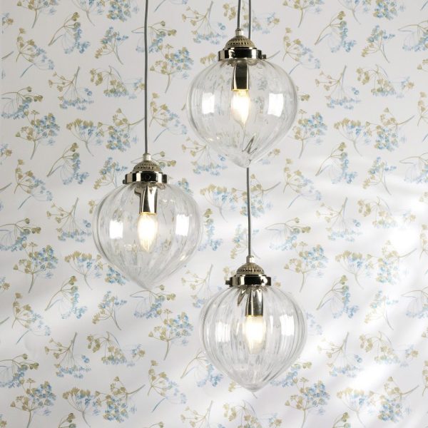 Laura Ashley Whitham 3 Light Cluster Ceiling Pendant Light In Polished Nickel With Ribbed Glass LA3756592-Q