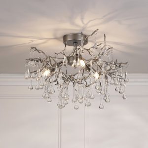Laura Ashley Willow 3 Light Semi Flush Ceiling Light In Satin Pewter Finish With Crystal