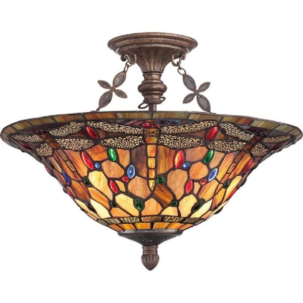 QZ/JDRAGONFLY/SF Semi Flush Ceiling Light In Malaga With Tiffany Glass Shade