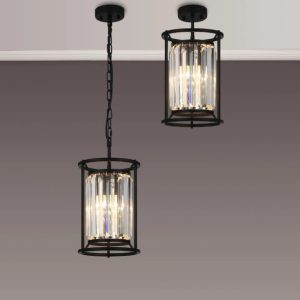 Crown 20 cm Convertible Pendant Or Semi Flush Ceiling Light In Black Finish with Clear Crystal Glass