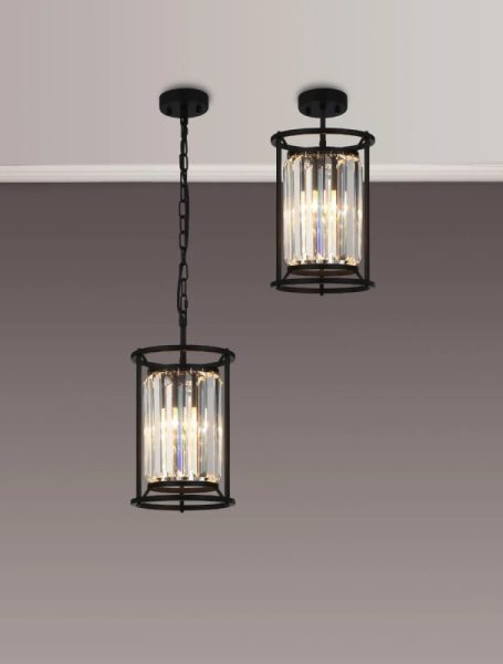 Crown 20 cm Convertible Pendant Or Semi Flush Ceiling Light In Black Finish with Clear Crystal Glass