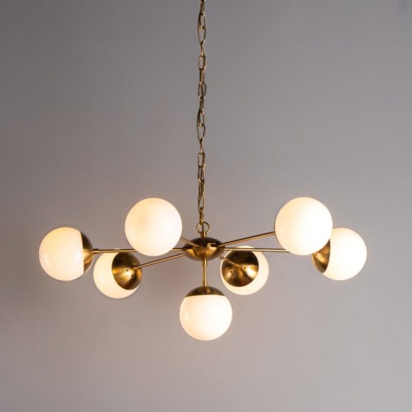 Dar BOM3435 Bombazine 7 Light Pendant Ceiling Light With Natural Brass Arms