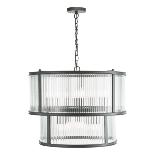 Dar Lighting Bianka 6 Light Ceiling Pendant In Matt Black With Ribbed Glass