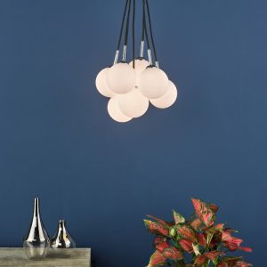 Dar Lighting Elpis 7 Light Cluster Ceiling Pendant Light In Polished Chrome Finish With Opal Glass