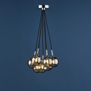 Dar Lighting Elpis 7 Light Cluster Ceiling Pendant Light In Polished Chrome Finish With Smoked Glass