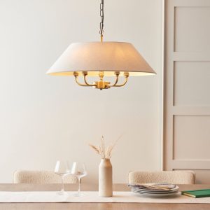 Endon 112956 Lille 5 Light Ceiling Pendant Light In Antique Brass Finish With Natural Linen Shade