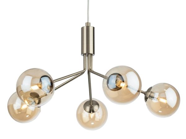 Firstlight 2889AB Montana 5 Light Ceiling Pendant Light In Antique Brass With Amber Glass Shade