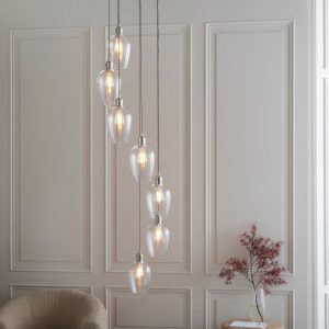 Camden 7 Light Cascade Ceiling Pendant Light In Bright Nickel With Clear Glass Shades