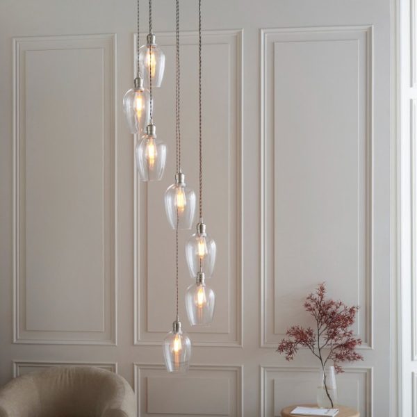 Camden 7 Light Cascade Ceiling Pendant Light In Bright Nickel With Clear Glass Shades