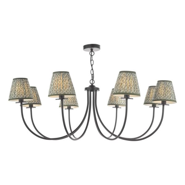 Dar Lighting Becca 8 Light Ceiling Pendant Light In Matt Black Finish Green With Shades