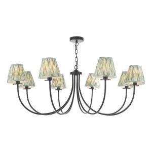 Dar Lighting Becca 8 Light Ceiling Pendant Light In Matt Black Finish With Green Ikat Shades