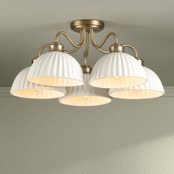 Laura Ashley Durford 5 Light Semi-Flush Ceiling Light In Matt Antique Brass And Ceramic Shades LA3756725-Q