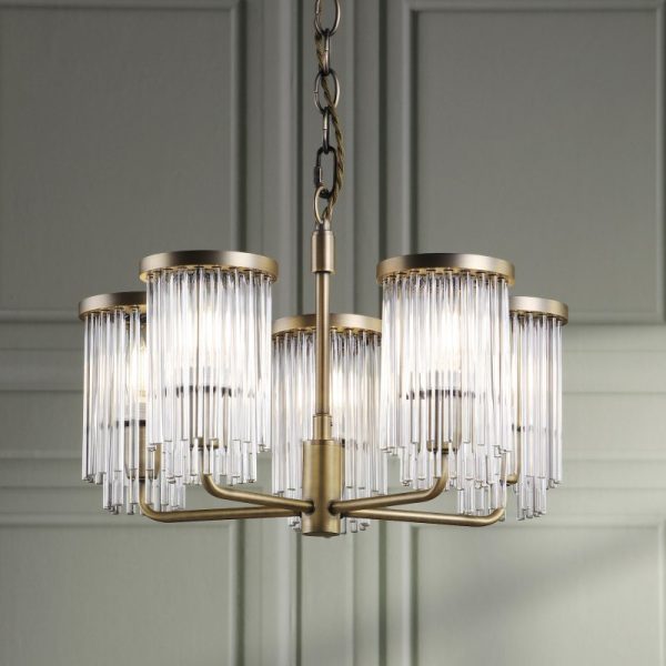 Laura Ashley Hilcote 5 Light Armed Ceiling Pendant Light In Matt Antique Brass and Glass LA3756650-Q