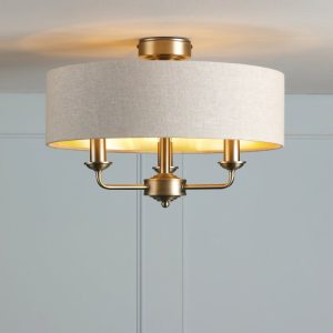 Laura Ashley Sorrento 3 Light Semi-Flush Ceiling Light In Matt Antique Brass With Natural Shade LA3756750-Q