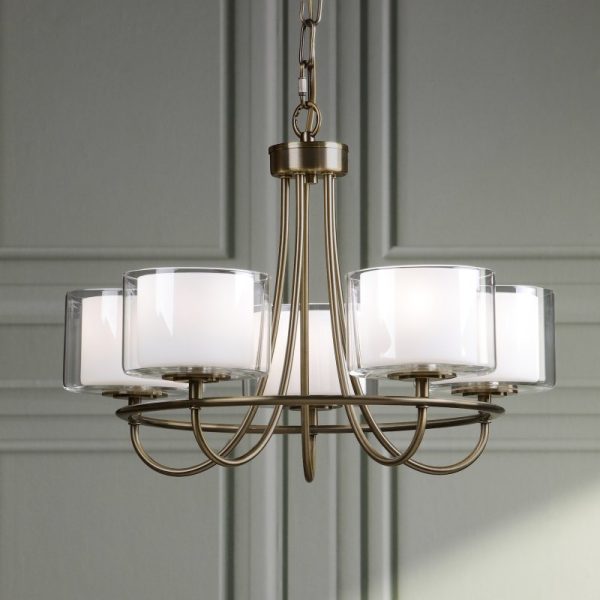 Laura Ashley Southwell 5 Light Armed Ceiling Pendant Light In Antique Brass With Opal Glass Shades LA3756672-Q