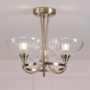 Laura Ashley Wellham 3 Light Semi-Flush Ceiling Light In Antique Brass Finish With Ribbed Glass Shades LA3756683-Q