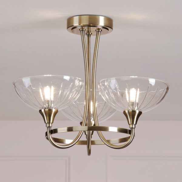 Laura Ashley Wellham 3 Light Semi-Flush Ceiling Light In Antique Brass Finish With Ribbed Glass Shades LA3756683-Q
